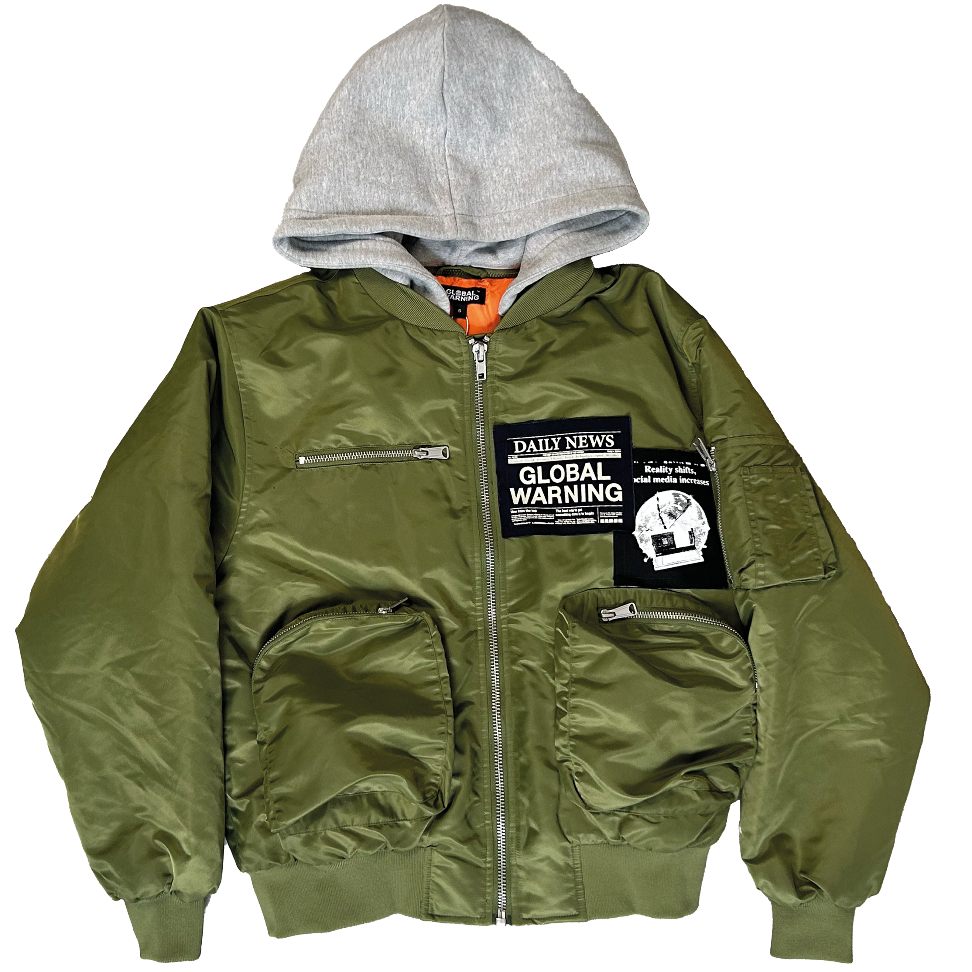 Global Warning Hooded Green Bomber Jacket