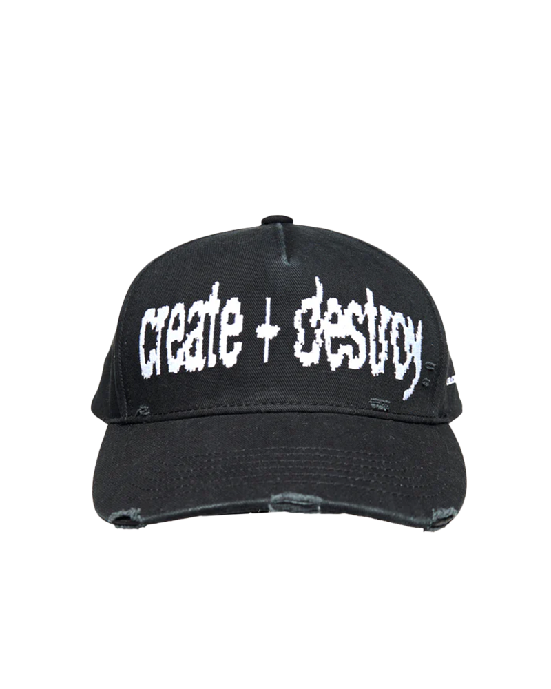 GLOBAL WARNING CREATE + DESTROY BLACK DISTRESSED TRUCKER HAT