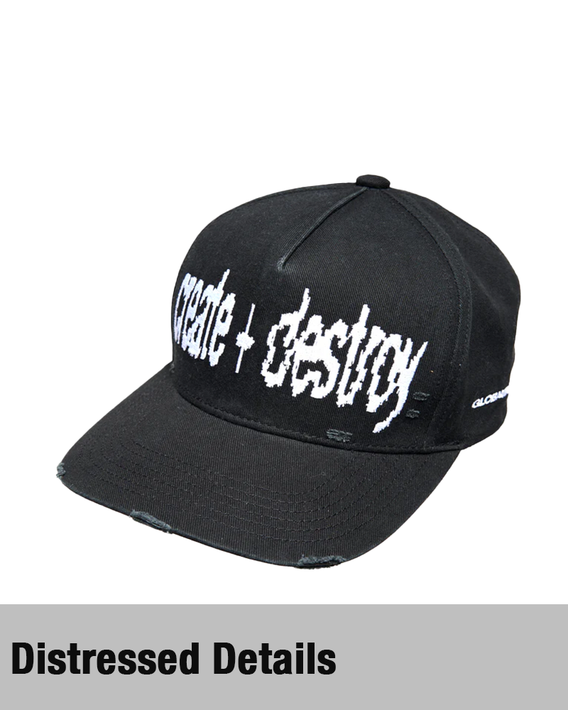 GLOBAL WARNING CREATE + DESTROY BLACK DISTRESSED TRUCKER HAT